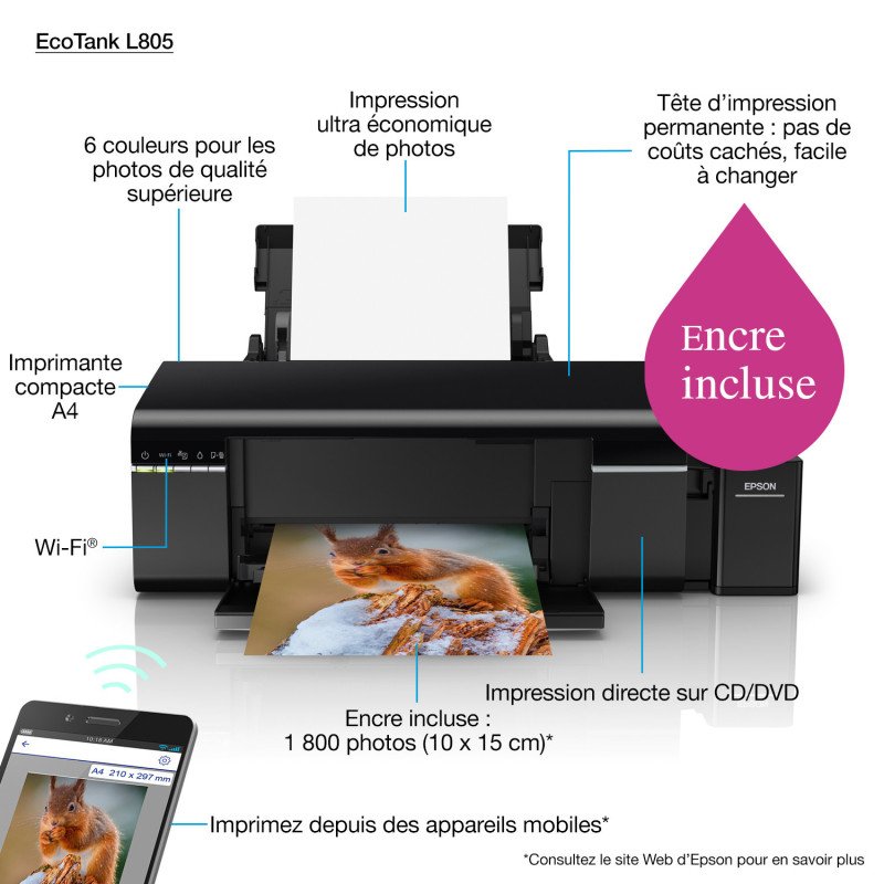 Epson Ecotank L805 Imprimante Photo à 6 Réservoirs Rechargeables C11c 3157