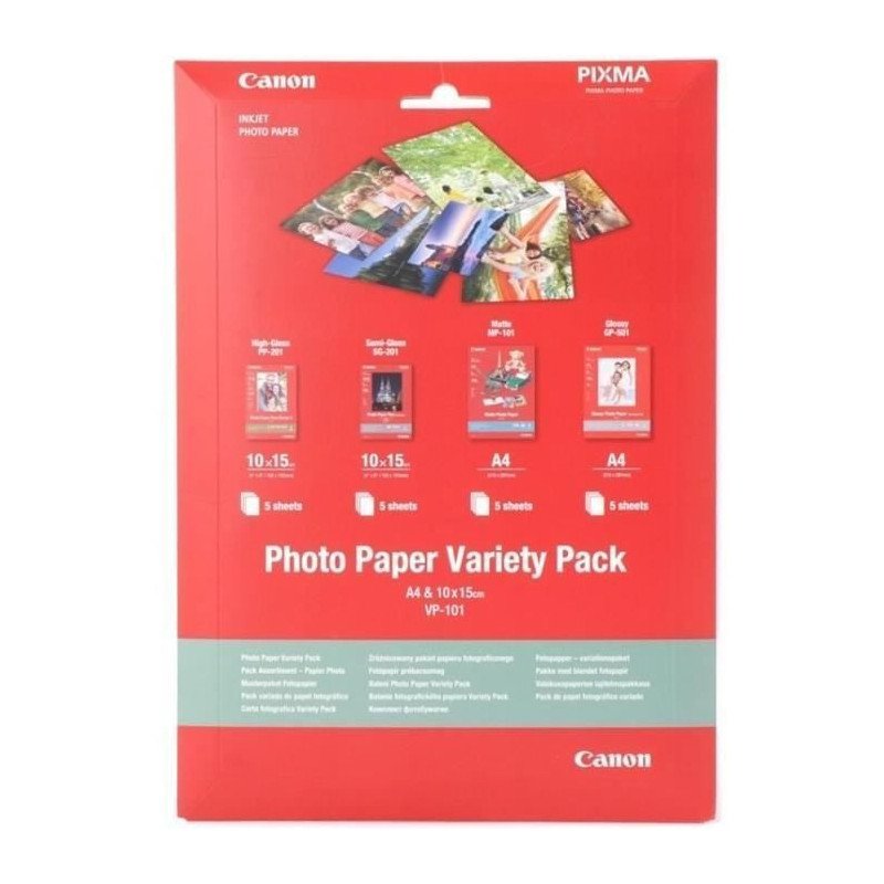 CANON Pack VP-101 Papier Photo PP-201 II 10 x 15cm x5 + SG-201 10 x 15cm x 5 + MP-101 A4 x 5 et GP-501 A4 x 5 Canon